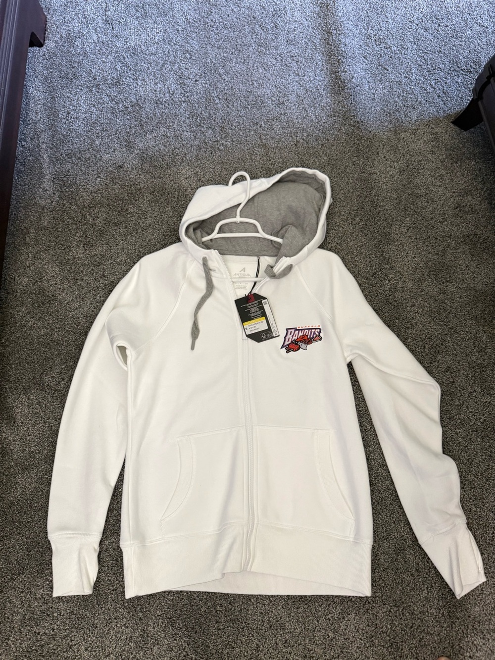 Antigua White Zip-Up Hoodie with Gray Lining and Red Accent